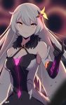  1girl absurdres ahoge armor armored_dress bangs bare_shoulders blurry blurry_background breasts dark_persona diamond-shaped_pupils dimensional_hole dress elbow_gloves energy_wings eyebrows_visible_through_hair fur_collar gloves hair_between_eyes hair_ornament highres honkai_(series) honkai_impact_3rd jewelry kiana_kaslana kiana_kaslana_(herrscher_of_the_void) long_hair looking_at_viewer medium_breasts sidelocks signature silver_hair single_elbow_glove snapping_fingers solo symbol-shaped_pupils tegar32 very_long_hair yellow_eyes 