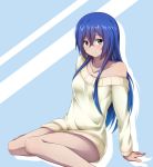  1girl arm_support astarte_(strike_the_blood) blue_background blue_eyes blue_hair dress frown hair_between_eyes long_hair looking_at_viewer off-shoulder_shirt off_shoulder shiny shiny_hair shirt sitting solo strike_the_blood sweater sweater_dress very_long_hair white_sweater yyi 