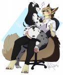  ?! anthro blush canid canine chair clothing duo erection female hi_res humanoid_penis legwear male male/female mammal open_mouth osiris_henschel penis redpixie sitting stockings thick_thighs uncut 