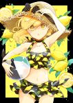  1girl ahoge alternate_costume azuma_aya ball beachball blonde_hair braid eyebrows_visible_through_hair eyes_visible_through_hair food fruit hat kirisame_marisa lemon looking_at_viewer navel short_hair single_braid solo straw_hat swimsuit touhou yellow_eyes 