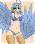  2019 animal_humanoid avian avian_humanoid blue_hair blush breasts clothed clothing digital_media_(artwork) eyelashes feathered_wings feathers female hair harpy hi_res humanoid kloudmutt looking_at_viewer monster_musume navel open_mouth papi_(monster_musume) signature solo under_boob winged_arms wings yellow_eyes 