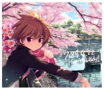  1girl against_railing bangs black_jacket blue_sky bouquet brown_hair cherry_blossoms commentary dappled_sunlight dated day eguchi_sera english_text eyebrows_visible_through_hair flower flower_request gakuran grin happy_birthday holding holding_bouquet jacket leaning_forward long_sleeves looking_at_viewer odawara_hakone open_mouth outdoors over_shoulder red_eyes saki saki_achiga-hen school_uniform short_hair sky smile solo standing sunlight tree 