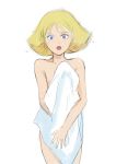  1girl blonde_hair blue_eyes commentary_request gacha-m gundam looking_at_viewer mobile_suit_gundam sayla_mass short_hair simple_background towel white_background 