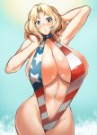  1girl american_flag_swimsuit arms_up blonde_hair blue_eyes blush breasts cleavage commentary cowboy_shot flag_print girls_und_panzer hair_intakes hands_in_hair head_tilt huge_breasts kay_(girls_und_panzer) long_hair looking_at_viewer navel parted_lips print_swimsuit sasaki_tatsuya slingshot_swimsuit solo standing swimsuit 