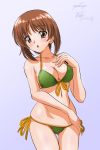  1girl :o artist_name ass_visible_through_thighs bangs bikini blue_background breasts brown_eyes brown_hair cleavage collarbone cowboy_shot dated eyebrows_visible_through_hair front-tie_bikini front-tie_top girls_und_panzer green_bikini groin hand_on_own_chest hand_on_thigh head_tilt light_blush looking_at_viewer matsui_yasutsugu medium_breasts open_mouth short_hair side-tie_bikini signature skindentation solo standing swimsuit thigh_gap thighs 