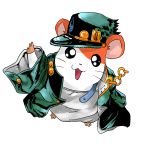  animal chain coat cosplay crossover hamster hamtaro hamtaro_(hamtaro) happy hat jojo_no_kimyou_na_bouken kuujou_joutarou kuujou_joutarou_(cosplay) looking_at_viewer no_humans open_mouth oversized_clothes pun simple_background smile toluda white_background 