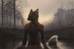 2019 anthro black_nose canid canine day detailed_background forest fox koul male mammal outside partially_submerged smile solo standing tree whiskers 