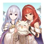  1girl 2girls arm_guards armor bare_shoulders bird black_gloves breastplate cape celica_(fire_emblem) circlet detached_collar detached_sleeves dress earrings feh_(fire_emblem_heroes) fingerless_gloves fire_emblem fire_emblem:_seisen_no_keifu fire_emblem_echoes:_mou_hitori_no_eiyuuou fire_emblem_heroes gloves highres hiyashiru jewelry lavender_hair long_hair long_sleeves multiple_girls owl purple_eyes red_eyes red_hair smile tiara very_long_hair wide_sleeves yuria_(fire_emblem) 