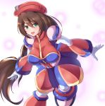  1girl android bangs bent_over beret blush breasts brown_hair capcom eyebrows_visible_through_hair green_eyes hair_between_eyes hat iris_(rockman_x) large_breasts long_hair looking_at_viewer low-tied_long_hair military_hat open_mouth puru_(ex-150) red_headwear rockman rockman_x rockman_x4 simple_background smile solo 