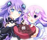  2girls blue_eyes box braid breasts d-pad d-pad_hair_ornament fingers_together hair_ornament happy_valentine heart-shaped_box highres imo_soba long_hair looking_at_viewer multiple_girls neptune_(neptune_series) neptune_(series) open_mouth purple_eyes purple_hair purple_heart short_hair smile symbol-shaped_pupils twin_braids twitter_username very_long_hair 