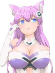  1girl animal_ears areola_slip areolae blue_eyes blush breasts cat_ears cleavage elbow_gloves eyebrows_visible_through_hair gloves hair_between_eyes hair_ornament hand_in_hair hand_up highres image_sample kaikon_shokubutsu large_breasts long_hair looking_away looking_to_the_side nepgear neptune_(series) pink_hair pixiv_sample purple_sister simple_background solo upper_body white_background white_gloves 