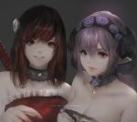  2girls aoi_ogata bangs bare_shoulders black_eyes black_hair breasts cleavage collarbone commentary commission crescent dress english_commentary eyebrows_behind_hair flower frilled_dress frills gradient_hair grey_background grin hair_between_eyes hair_flower hair_ornament long_hair looking_at_viewer medium_breasts multicolored_hair multiple_girls original purple_eyes purple_flower purple_hair purple_rose red_dress red_hair rose simple_background smile strapless strapless_dress white_flower white_rose 