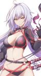  ahoge bikini black_bikini black_choker black_gloves black_jacket breasts choker cleavage commentary_request cropped_jacket fate/grand_order fate_(series) fifty1202 gloves highres jacket jeanne_d&#039;arc_(alter_swimsuit_berserker) jeanne_d&#039;arc_(fate)_(all) katana large_breasts long_hair navel o-ring o-ring_bikini o-ring_bottom o-ring_top purple_flame shrug_(clothing) silver_hair swimsuit sword weapon white_background white_hair yellow_eyes 