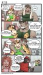  beverage canid canine canis clothing comic dialogue english_text felid h155296 hi_res lion male male/male mammal muscle-worship muscular pantherine pecs rhyno sweat tea text tiger wolf 