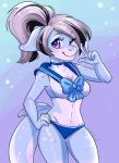  2016 anthro blue_skin bow_tie clothing corelle-vairel female fish hi_res marine one_eye_closed peace_(disambiguation) purple_eyes sailor_moon_(series) shark shark_tail simple_background swimwear wink 