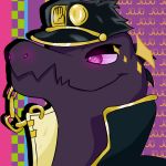  1:1 2019 clothed clothing digital_media_(artwork) female hair jojo&#039;s_bizarre_adventure jotaro_kujo lizard natanibw natanibw_(artist) nintendo pok&eacute;mon pok&eacute;mon_(species) purple_eyes reptile salazzle scalie simple_background smile smirk smug solo teeth video_games 