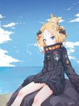  1girl abigail_williams_(fate/grand_order) absurdres bangs beach bird black_bow black_jacket blonde_hair blue_eyes blush bow fate/grand_order fate_(series) hair_bow hair_bun heroic_spirit_traveling_outfit highres jacket kalun_(fwme3378) long_hair long_sleeves looking_at_viewer multiple_hair_bows ocean orange_bow parted_bangs seagull sitting sleeves_past_fingers sleeves_past_wrists solo stuffed_animal stuffed_toy teddy_bear white_background 