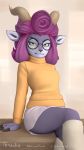  absa anthro bottomwear bovid caprine clothing eyewear female glasses goat hair horn legwear lovers_of_aether mammal pink_hair rivals_of_aether sitting skirt solo sweater tenzide topwear video_games yellow_eyes 