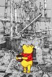  bear full_body holding holding_pot looking_up no_humans open_mouth pooh pot red_shirt shirt stabbing tarantara winnie_the_pooh 