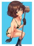  1girl akiyama_yukari bikini boots breasts broom brown_eyes brown_hair camouflage camouflage_bikini commentary girls_und_panzer gloves holding holding_broom invisible_chair looking_at_viewer looking_up medium_hair sayshownen simple_background sitting small_breasts solo swimsuit 