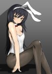  1girl animal_ears arm_support backless_leotard bangs black_hair black_legwear bow bowtie breasts brown_eyes bunny_ears bunnysuit closed_mouth commentary crossed_legs detached_collar eyebrows_visible_through_hair fake_animal_ears fishnet_pantyhose fishnets frown girls_und_panzer grey_background half-closed_eyes head_tilt leotard long_hair looking_at_viewer ngc20701 pantyhose red_neckwear reizei_mako shadow sitting small_breasts solo strapless strapless_leotard white_leotard 