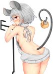  1girl animal_ears ass backless_outfit bangs bare_arms bare_shoulders basket breasts butt_crack commentary_request cowboy_shot dowsing_rod eyebrows_visible_through_hair from_behind grey_hair grey_sweater highres holding holding_basket looking_at_viewer looking_back meme_attire mouse mouse_ears mouse_tail nazrin planted profile red_eyes short_hair simple_background small_breasts solo standing sweat sweater tail tail_hold thighs tokoya_(ex-hetare) touhou virgin_killer_sweater white_background 