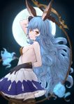  1girl arm_up bangs bare_shoulders black_gloves blue_hair blush breasts brown_eyes brown_legwear closed_mouth commentary_request cowboy_shot dress elbow_gloves erune eyebrows_visible_through_hair ferry_(granblue_fantasy) frilled_dress frilled_gloves frills full_moon gloves granblue_fantasy hair_between_eyes highres holding holding_whip looking_at_viewer looking_to_the_side moon pleated_dress sideboob small_breasts smile solo thighhighs uneg wavy_hair whip white_dress 