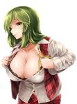  1girl absurdres ascot bangs black_bra black_panties bra breasts buttons cleavage collarbone collared_shirt cowboy_shot eyebrows_visible_through_hair green_eyes green_hair hands_up highres huge_breasts kamiya_ueshi kazami_yuuka kazami_yuuka_(pc-98) leaning_forward lips long_hair long_sleeves looking_at_viewer one_eye_closed open_clothes open_vest panties panty_peek parted_bangs parted_lips partially_unbuttoned plaid plaid_skirt plaid_vest red_skirt red_vest seductive_smile shirt simple_background skirt skirt_set smile solo touhou touhou_(pc-98) unbuttoned underwear undone undone_ascot undressing vest white_background white_shirt wing_collar yellow_neckwear 