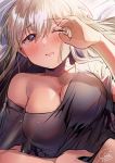  1girl 2019 absurdres bangs bed_sheet black_shirt blonde_hair blush breasts collarbone commentary_request covered_nipples dated day eyebrows_visible_through_hair fingernails from_above geshumaro hair_between_eyes half-closed_eye highres large_breasts long_hair looking_at_viewer lying messy_hair mole mole_on_neck no_bra off_shoulder on_back on_bed one_eye_closed original purple_eyes shirt short_sleeves sidelocks signature skindentation sleepy solo waking_up 