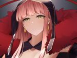  1girl bangs blunt_bangs commentary_request cosplay cu_chulainn_alter_(fate/grand_order) cu_chulainn_alter_(fate/grand_order)_(cosplay) dark_persona earrings fate/grand_order fate_(series) fur_trim hood hood_up jewelry koruta_(nekoimo) lancer long_hair looking_at_viewer medb_(fate)_(all) medb_(fate/grand_order) pink_hair red_fur solo yellow_eyes 
