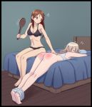  2girls angry ass barefoot bed bedroom black_bra black_panties blonde_hair blush bra breasts brown_eyes brown_hair brush closed_eyes closed_mouth collarbone eila_ilmatar_juutilainen groin medium_breasts minna-dietlinde_wilcke multiple_girls on_bed panties pillow pillow_hug shiny shiny_hair shorts shorts_pull sitting spanked spanking strike_witches trembling underwear world_witches_series zekel 
