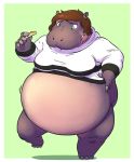  anthro belly belly_jiggle big_belly bottomless breasts brown_hair clothed clothing common_hippopotamus female food green_background hair hand_on_stomach hippopotamid holding_food holding_object implied_transformation mammal obese obese_female on_one_leg open_mouth overweight overweight_female post_transformation simple_background solo standing subakitsu weight_gain 