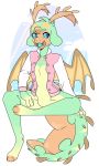  &lt;3 &lt;3_eyes antennae_(anatomy) arthropod blue_eyes blue_tongue blush bottomless clothed clothing cloud collarbone featureless_crotch front_view green_skin hi_res horn looking_at_viewer male membranous_wings open_jacket pink_jacket rhinestoneelemental rinpa saliva simple_background sitting tongue unigan white_background white_jacket wings 
