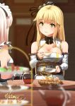  2girls absurdres artist_name aurora_(f10)_(azur_lane) azur_lane bangs bare_shoulders belfast_(azur_lane) blonde_hair blue_eyes blush breasts cleavage commentary_request cup detached_sleeves elbow_gloves eyebrows_visible_through_hair frilled_gloves frills gloves green_eyes hair_flaps hair_ornament highres holding holding_cup large_breasts long_hair long_sleeves maid_headdress multiple_girls natsunoyuu parted_lips sidelocks signature silver_hair sitting smile solo_focus teacup teapot very_long_hair white_gloves 