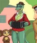  anthro big_ears blue_eyes blue_hair breasts brown_fur camel_toe cheburashka cheburashka_(character) clothing crocodile crocodilian crocodylid crossgender fangs female flick-the-thief fur genderbender hair half-closed_eyes hat headgear headwear krokodil_gena larger_female lipstick makeup male open_mouth pussy reptile scalie sharp_teeth size_difference smaller_male sweat teeth 