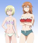  2girls bikini blonde_hair blue_background blue_eyes blush breasts brown_hair charlotte_e_yeager cleavage collarbone crossed_arms erica_hartmann eyebrows eyebrows_visible_through_hair frilled_bikini frills gradient gradient_background grin groin hand_on_hip hiro_yoshinaka large_breasts multiple_girls navel parted_lips red_bikini shiny shiny_hair shiny_skin short_hair short_shorts shorts side-tie_bikini simple_background small_breasts smile strike_witches swimsuit teeth two-tone_background underboob white_background white_bikini world_witches_series 
