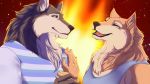  16:9 2019 anthro canid canine canis clothed clothing dancing duo eyes_closed fire fur game_(disambiguation) laugh male male/male mammal muscular muscular_male nyaruh open_mouth shirt shoichi_urata smile t-shirt tennis_ace topwear visual_novel wolf yuuichi_michimiya 