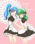  2girls aqua_hair blue_hair blush botan_(yuu_yuu_hakusho) breasts commentary_request green_hair long_hair looking_at_viewer maid multiple_girls open_mouth ponytail red_eyes reira_(reomimi0211) smile yukina_(yuu_yuu_hakusho) yuu_yuu_hakusho 