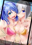  2girls absurdres alternate_costume ayakase_hotaru bangs bare_shoulders bikini blue_eyes blue_hair blush bow breasts cellphone closed_mouth collarbone commentary_request double_bun eyebrows_visible_through_hair eyes_visible_through_hair front-tie_top hair_between_eyes hair_ornament hair_over_one_eye hairclip hamakaze_(kantai_collection) highres holding holding_phone kantai_collection large_breasts looking_at_viewer multiple_girls navel one_eye_closed open_mouth outdoors phone pool poolside short_hair side-tie_bikini silver_hair smartphone smile standing swimsuit taking_picture upper_body urakaze_(kantai_collection) v water 