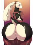  2019 absurd_res anthro anthrofied armor big_butt black_fur blush bottomless butt clothed clothing digital_drawing_(artwork) digital_media_(artwork) female fire_emblem fur hi_res huge_butt lagomorph leggings legwear leporid looking_at_viewer looking_back mammal miso_souperstar nintendo panne pink_eyes rabbit rear_view short_tail signature solo taguel thick_thighs video_games voluptuous white_fur wide_hips 