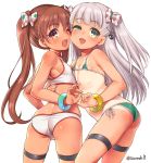  2girls anchor ass bangs bikini blush bow brown_hair eyebrows_visible_through_hair fang flat_chest hair_bow hair_ornament kantai_collection libeccio_(kantai_collection) long_hair looking_at_viewer maestrale_(kantai_collection) micro_bikini multiple_girls ok_sign one_eye_closed open_mouth penetration_gesture ponytail side-tie_bikini side_ponytail silver_hair simple_background swimsuit tan tanline thighs twintails twitter_username uousa-ou white_background 