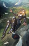  1girl armor bird blonde_hair blue_eyes blurry_foreground breastplate commission cover_image crater day english_commentary falling fantasy feathers greaves highres hip_armor long_hair mountain nguyen_uy_vu original outdoors river shoulder_armor skirt solo valley volcano 