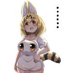  ... 1girl :d alternate_costume animal_ear_fluff animal_ears bangs blonde_hair blush breasts brown_eyes collarbone cowboy_shot eyebrows_visible_through_hair hair_between_eyes hand_on_hip head_tilt kemono_friends large_breasts open_mouth print_shirt serval_(kemono_friends) serval_ears serval_tail shirt short_sleeves simple_background smile solo striped_tail tail u-non_(annon&#039;an) white_background white_shirt 