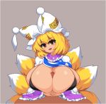  1boy 1girl bikini_top blonde_hair blush breasts breasts_outside clothed_paizuri commentary_request eyebrows_visible_through_hair fox_tail hat hetero huge_breasts interlocked_fingers medium_hair multiple_tails open_clothes open_mouth orange_eyes paizuri penis pillow_hat pixel_art pov shirt solo_focus tabard tail takorin tassel touhou white_shirt wide_sleeves yakumo_ran 