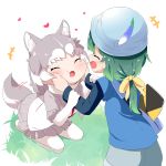  +++ 2girls :d ^_^ animal_ears bag bangs blue_headwear blue_shirt blue_shorts blush bow cheek_squash closed_eyes commentary_request dog_(mixed_breed)_(kemono_friends) dog_ears dog_girl dog_tail elbow_gloves eyebrows_visible_through_hair fur-trimmed_sleeves fur_trim gloves green_hair grey_hair grey_skirt hair_bow heart helmet highres kemono_friends kyururu_(kemono_friends) long_hair long_sleeves makuran multicolored_hair multiple_girls no_shoes open_mouth pantyhose pleated_skirt seiza shirt short_over_long_sleeves short_shorts short_sleeves shorts shoulder_bag sitting skirt smile tail tail_wagging two-tone_hair white_gloves white_hair white_legwear white_shirt yellow_bow 