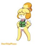  1:1 animal_crossing anthro bell bottomless canid canine canis clothed clothing domestic_dog female fur hair isabelle_(animal_crossing) mammal nintendo pussy shih_tzu simple_background solo standing starshippizza topwear toy_dog video_games white_background white_fur yellow_fur 