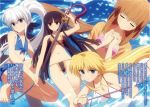  4girls bangs barefoot bikini bird black_bikini black_eyes black_hair blonde_hair blue_bikini blue_eyes blunt_bangs breasts brown_hair campione! cleavage closed_eyes erica_blandelli eyebrows_visible_through_hair flat_chest floating_hair hair_between_eyes hands_clasped holding holding_hands holding_sword holding_weapon interlocked_fingers katana liliana_kranjcar long_hair looking_at_viewer mariya_yuri medium_breasts multiple_girls novel_illustration official_art own_hands_together pink_bikini ponytail rapier seishuuin_ena shiny shiny_hair sikorsky silver_hair swimsuit sword very_long_hair weapon white_bikini 