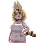  1girl :d alternate_costume animal_ear_fluff animal_ears bangs blonde_hair blush breasts brown_eyes collarbone commentary_request cowboy_shot eyebrows_visible_through_hair hair_between_eyes hand_on_hip head_tilt kemono_friends large_breasts open_mouth serval_(kemono_friends) serval_ears serval_tail shirt short_sleeves simple_background smile solo striped_tail tail u-non_(annon&#039;an) white_background white_shirt 