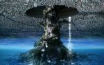  akai_ronii building city city_lights cityscape commentary_request highres hole moss no_humans original river scenery skyscraper tree water waterfall 