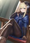  1girl bangs blonde_hair blunt_bangs boots chair coat commentary_request crossed_legs cuboon eyebrows_visible_through_hair fate/grand_order fate_(series) flower gloves green_eyes hand_on_own_cheek hat hat_flower long_hair long_sleeves looking_at_viewer lord_el-melloi_ii_case_files pantyhose reines_el-melloi_archisorte scarf shawl sidelocks sitting skirt smile smirk solo teeth twitter_username upper_body 